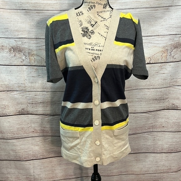 Theory Gwyneth Cardigan New Sovereign Short Sleeves Wool Striped Size Large - Picture 2 of 10